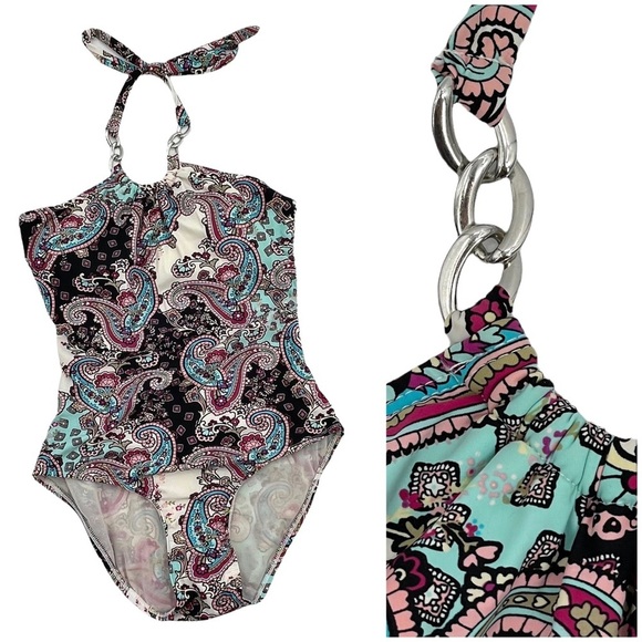 Love Your Assets Spanx One-Piece Swimsuit Halter Neck Chain Detail Paisley | M - Picture 1 of 9